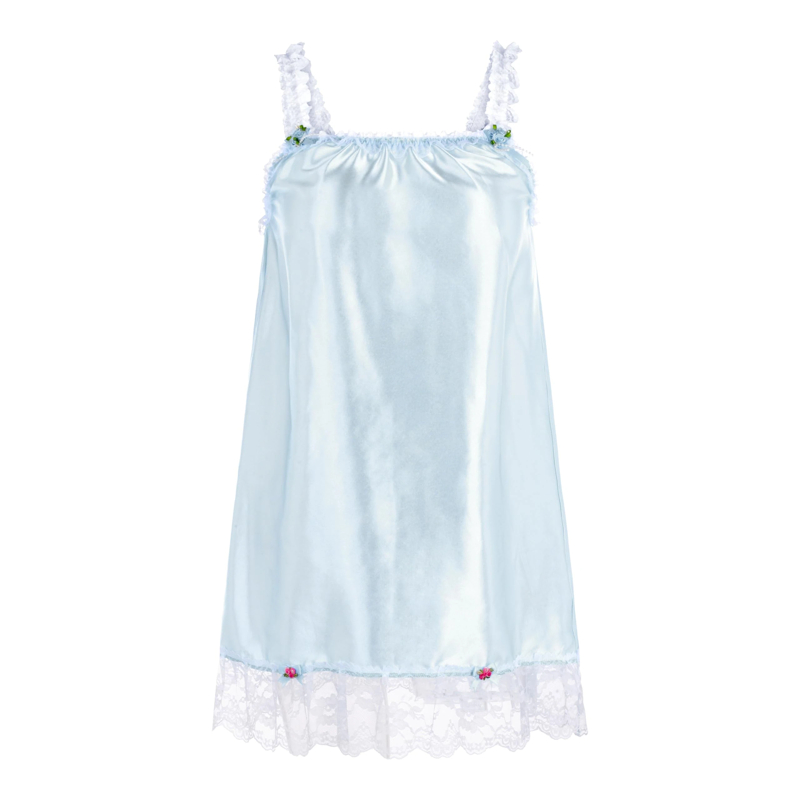 Satini Lingerie Satin Sissy Babydoll Ruffles Frilly Lace Slip Nightwear (Baby Blue, M)
