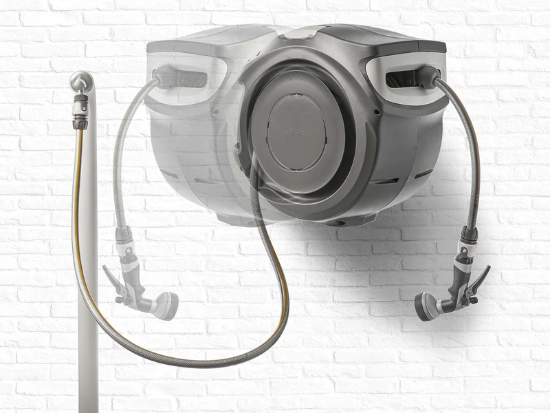 G.F. Garden - Auto Reel 25m wall-mounted hose reel: Easy to Install, Auto-rewind, Ready-to-use Reel With Fittings, Hose, and Accessories Included