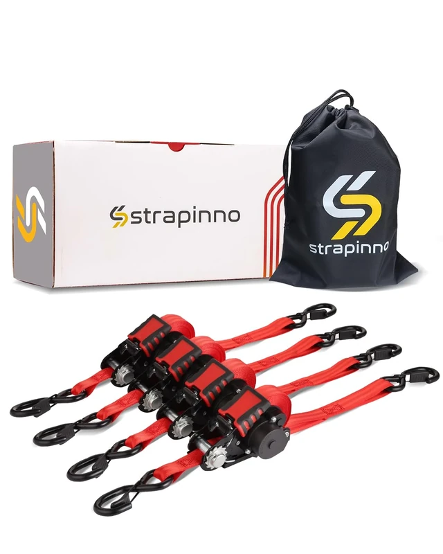 Strapinno Retractable Ratchet Straps - 1 in x 12 ft Heavy Duty Tie Downs, 1800lbs Breaking Strength Each, S Hooks with Safety Clip, AutoRetract, for Moving, Motorcycle, Boat, Kayak, and Cargo (4 PCS)