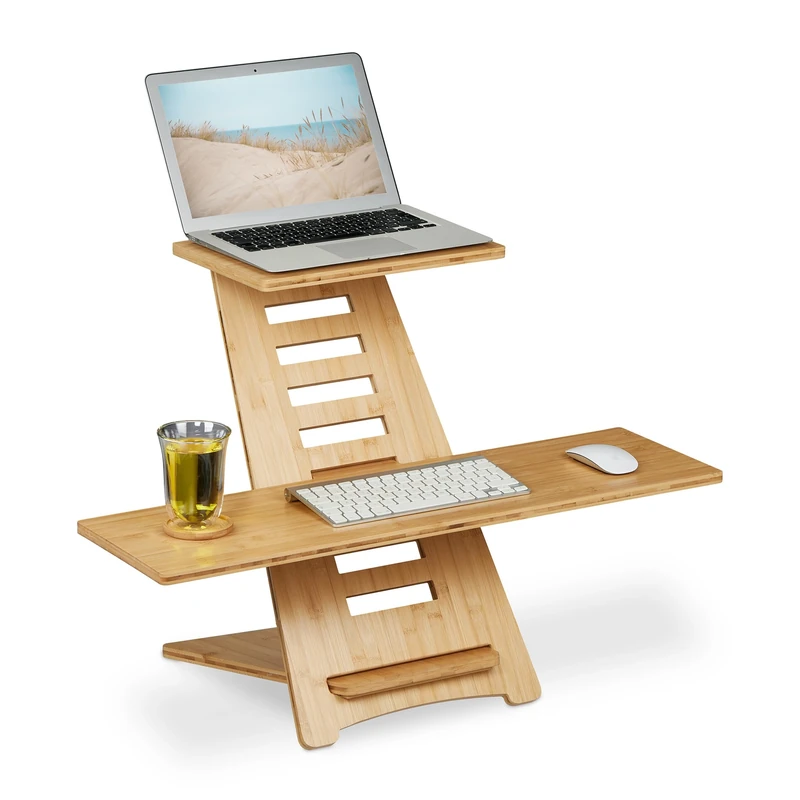 Relaxdays Standing Desk Extension Desk, Bamboo, 2 Shelves, Height Adjustable, Laptop Standing Desk Attachment, Natural