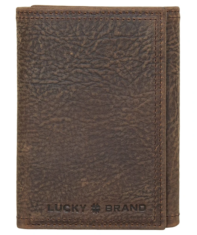 Lucky Brand Men's Embossed Trifold and L-fold Wallet (Available in Cotton Canvas Or Leather), DBL Stitched Leather - Brown, One Size