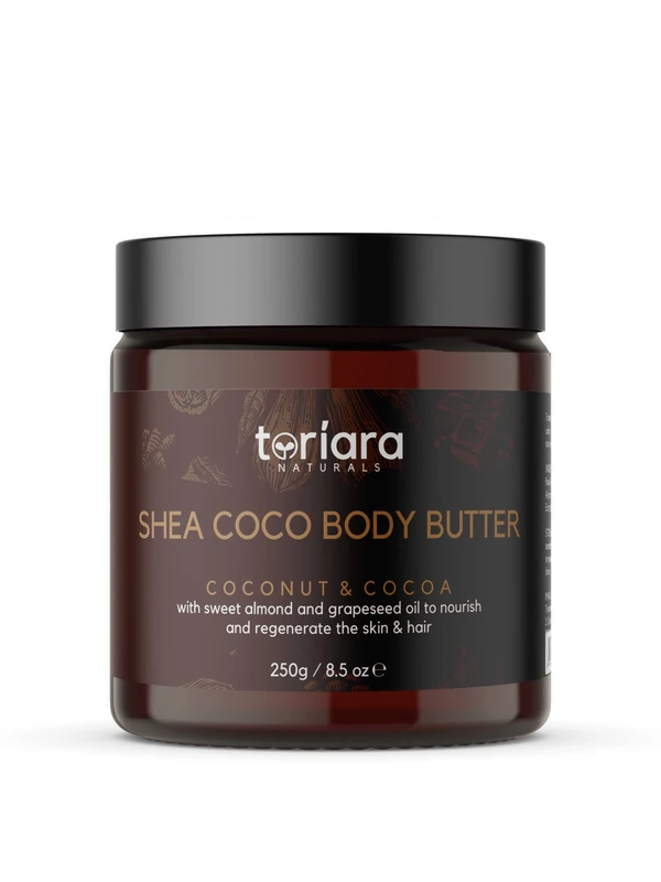 Shea Coco Body Butter 250g – Coconut & Cocoa Blend | Deep Moisturizer with Almond Oil, Grapeseed & Vanilla | Softens Dry Skin, Heals Redness & Fine Lines | Toriara Naturals