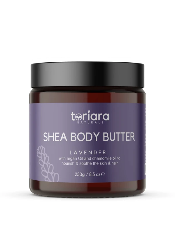 Shea Body Butter 250g – Lavender Scent | Argan Oil, Chamomile & Coconut | Deep Moisturizing for Dry Skin, Stretch Marks & Wrinkles | Toriara Naturals