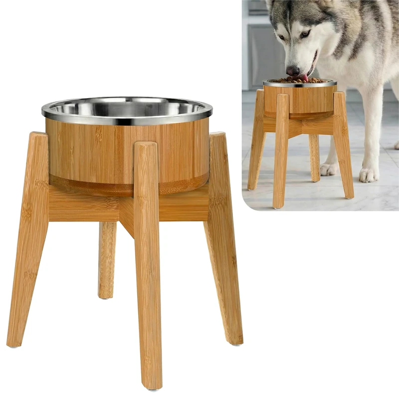Raised Bamboo Dog Bowl for Large Dogs - Set of Dish, Stainless Liner and Stand - Elevated Single Pet Food Feeder Station - Non- Tip-Over
