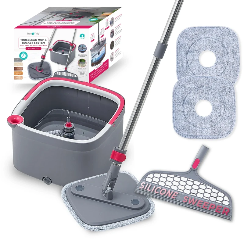 True & Tidy True Clean Mop and Bucket System, Includes Square Spin Mop, Dual Compartment Mop Bucket and 2 Thick Machine Washable Mop Pads, Extra Squeegee Sweeper Mop Head