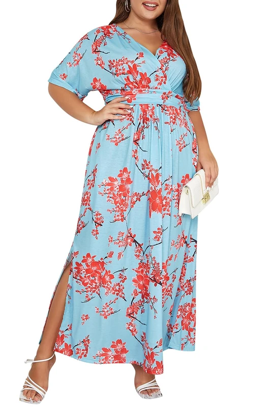 Keluummi Plus Size Wedding Guest Maxi Dress for Curvy Women, Summer Formal Floral Long Wrap Cocktail Dress with 3/4 Sleeve, 02 - Light Blue Floral, 22 Plus