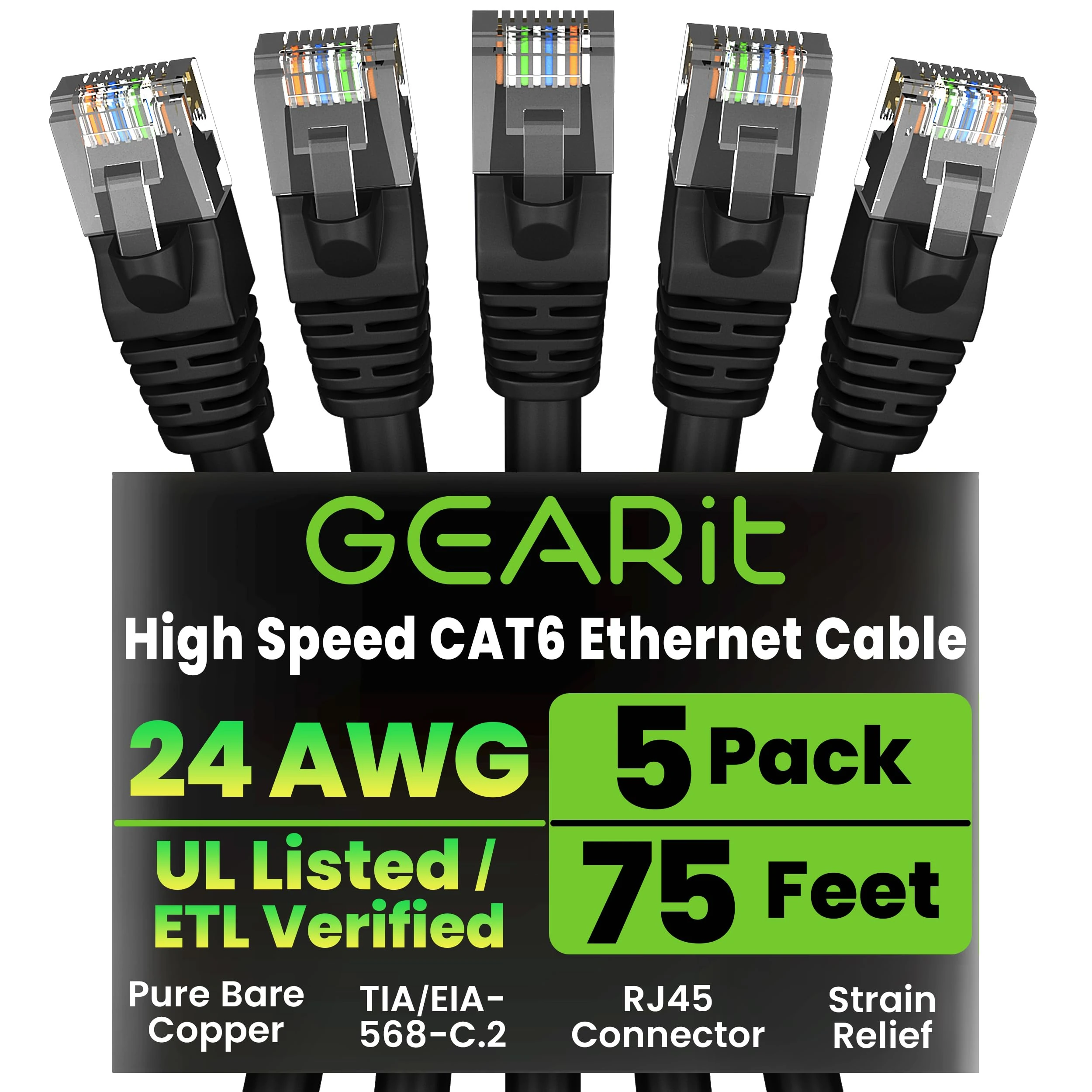 GEARit Cat 6 Ethernet Cable Pack - 5-Pack 75 ft Cat6 Ethernet Patch Cables | RJ45 Network Patch Cable, 10 Gbps Snagless Gold-Plated Connectors - Ethernet Cable Cat 6 for PC, TV, Router - Black
