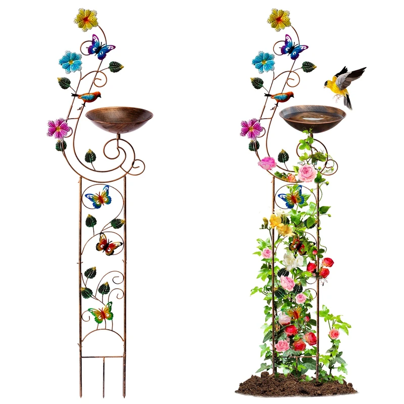 YYWMWM 57" Height Metal Bird Bath with Trellis for Outdoor, Vintage Decorative Bird Baths, Small Garden Plant Support, Antique BirdBath for Climbing Plants with Detachable Iron Bowl (Butterfly) - Image 1