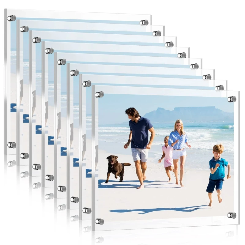 8 Pack Acrylic Floating Picture Frame Wall Mount Frameless Photo Frames Double Panel Clear Picture Frame for Office Home Photography Display (For 8 x 10 Inch Picture, Full Frame 9.2 x 11.4 Inch)