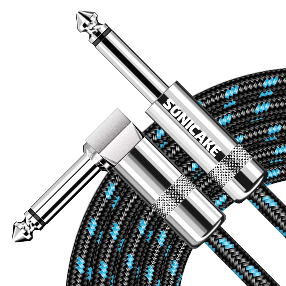 SONICAKE Braided Guitar Cable 6m/20ft Guitar Instrument Cable 6.35mm 1/4" Right Angle to Straight Black Blue