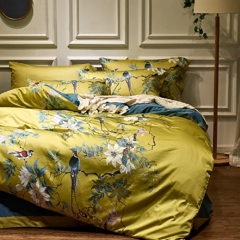 Vintage Floral Cotton Duvet Queen Chic Bird Flower Print Luxury Soft Garden Style Comforter 3 Piece Chic Floral Bedding Duvet Cover for Men Women Zipper Closure Bedding Sets