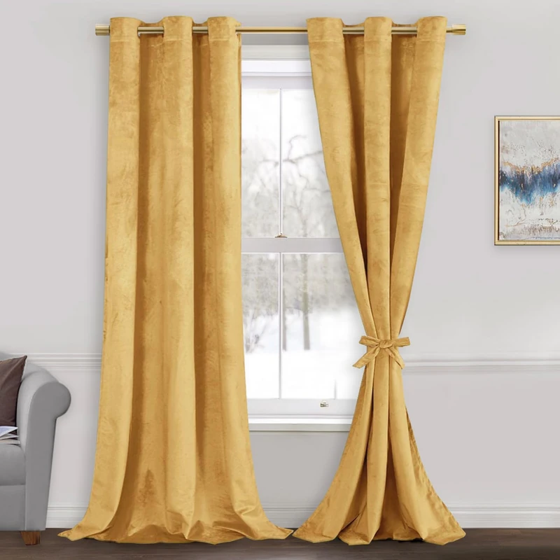 JIUZHEN Super Soft Velvet Curtains 90 inch, Room Darkening Smooth Hand-Feeling Curtains Thermal Insulated Privacy Protection for Parlor Nursery Living Room/Bedroom, Yellow, 2 Panel with Tiebacks