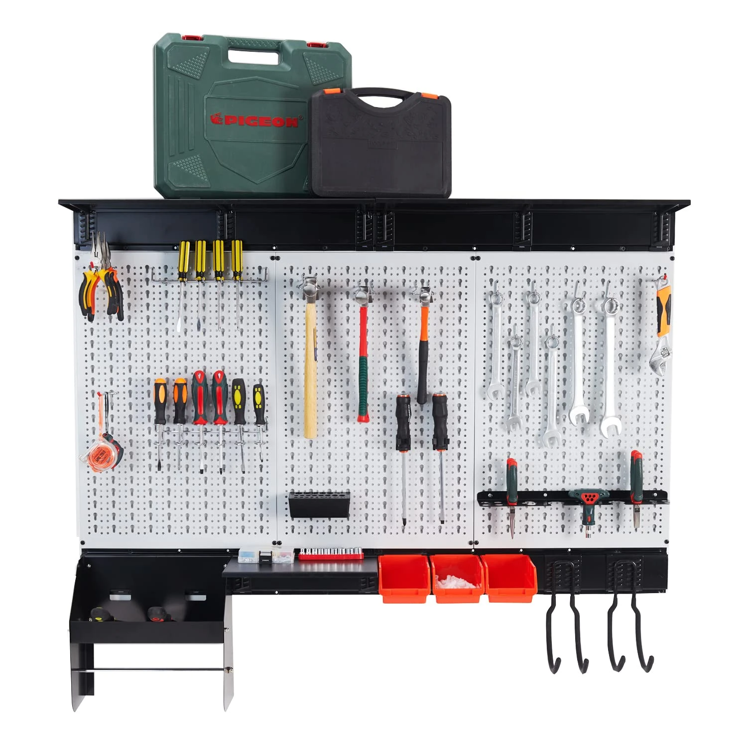 Garage Peboard Storage Organizer System 48x36 inch Pegboard Wall Organizer with Toolboard and Accessories Utility Hooks Wall Mounted Bins Paper Towel Holder Overhead Shelf