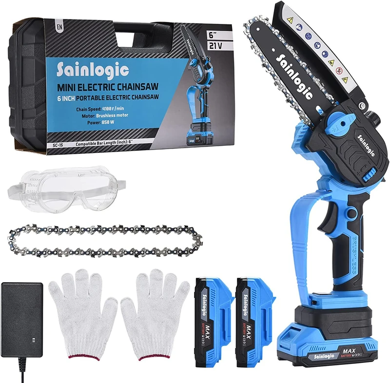 sainlogic 6 Inch Mini Chainsaw with Battery and Charger, Cordless Power Chain saws with Security Lock, Handheld Small Chainsaw for Wood Cutting Tree Trimming