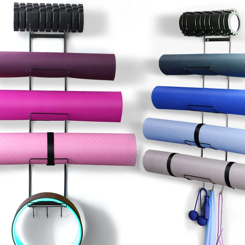 5-Tiers Yoga Mat Holder Wall Mount, Metal Storage Rack for Yoga Mat/Wheels, Foam Roller and Block etcs, Wall Rack Organizer with 3-Hooks for Hanging Stretching Strap & Resistance Bands（2 Pack）