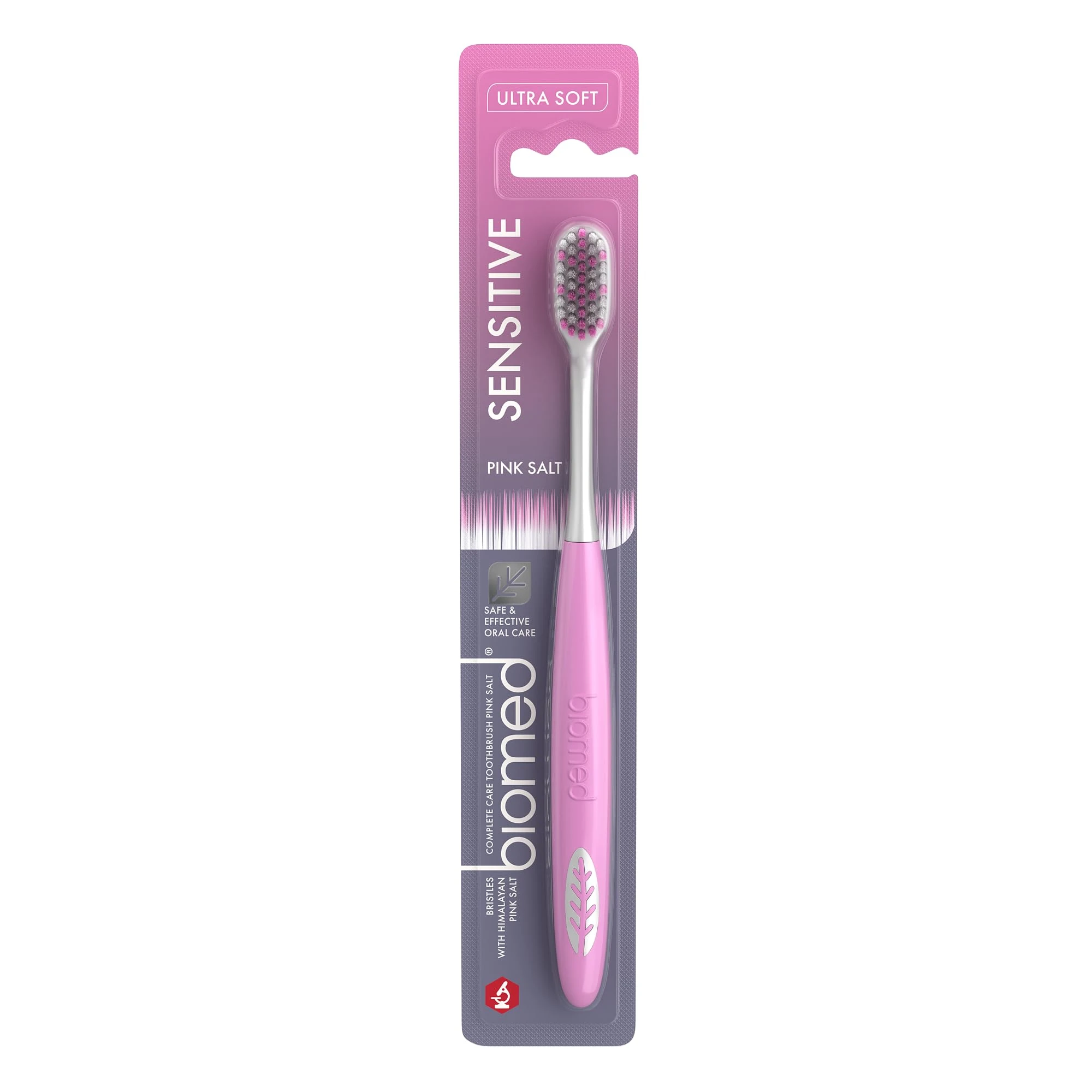 Biomed Sensitive pink salt toothbrush, effectively removes dental plaque, ultra thin bristle tips