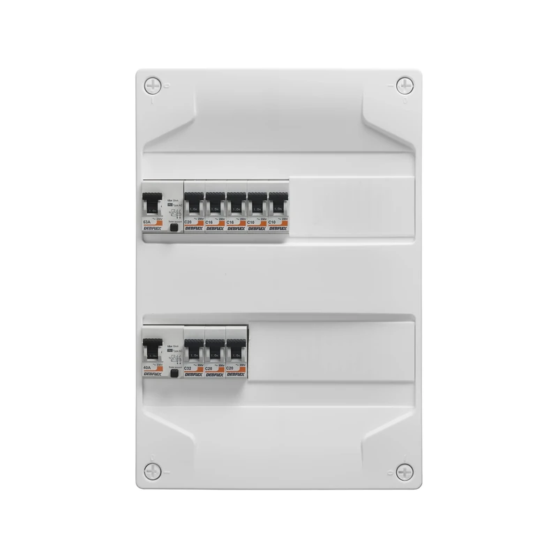Debflex - Pre-equipped box 2 rows 1xID 40A Type A, 1xID 63A Type AC, 2x10A, Assembled Panels - Modular Cabinets - Pre-spliced Interior - 707648