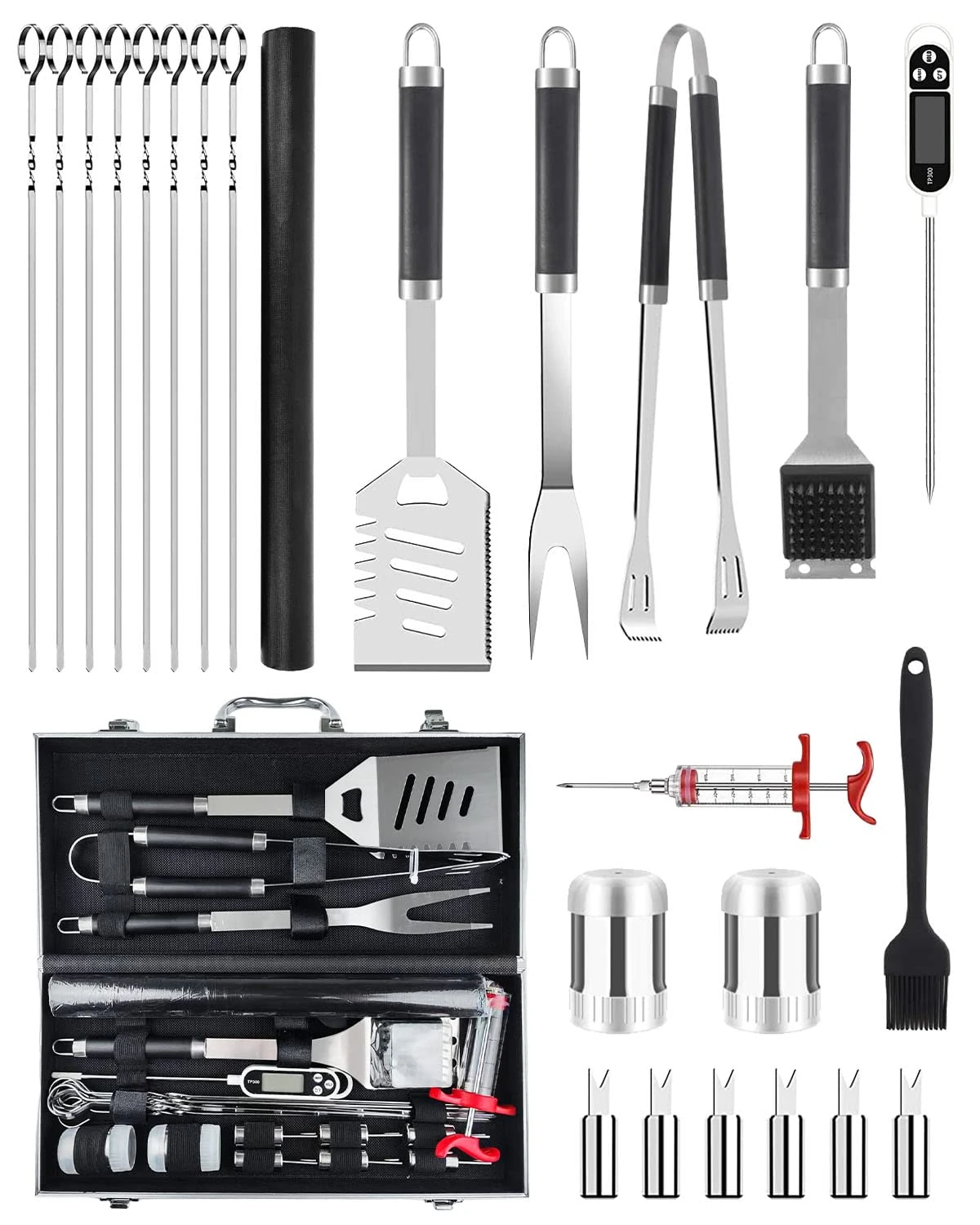 Trongle BBQ Tools Set, 26pcs Stainless Steel bbq set BBQ Accessories Set With Heat Resistant Handle, Case, BBQ Grill Mats, Premium Camping BBQ Utensil Set, Set Man Woman, Father's Day, Black (JOF-I4)