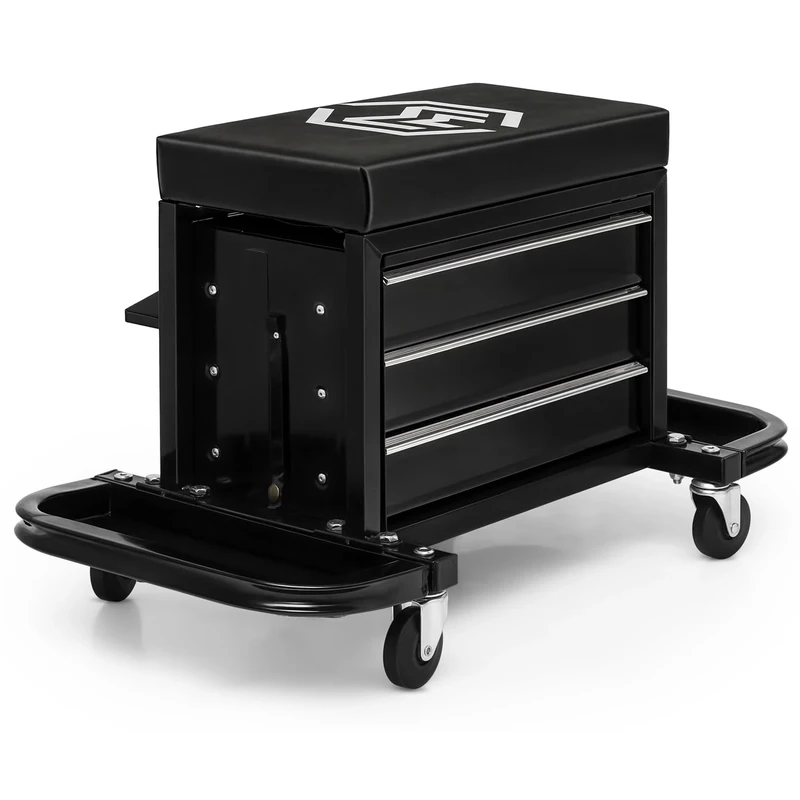 M-AUTO Rolling Mechanic Stool Garage Toolbox Stool Tool Chest Seat w/Wheels, 350LBS Capacity Padded Mechanic Stool Creeper Seat w/Drawers & Side Tool Trays for Home Garage and Workshop, Black