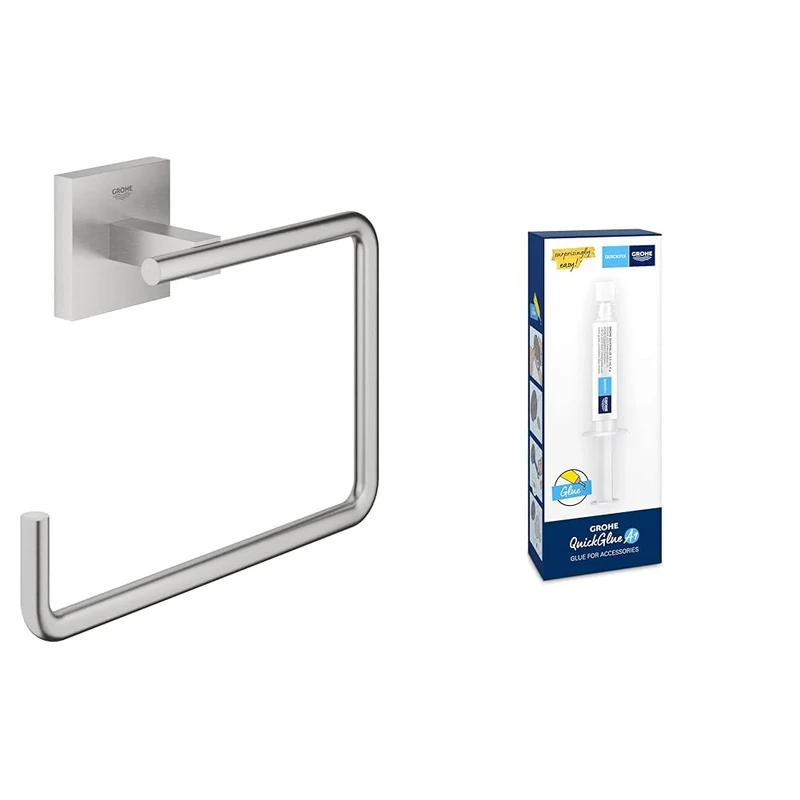 GROHE Start Cube Towel Ring with GROHE QuickGlue A1 – Bathroom Wall Mounted Towel Holder (Metal, Concealed Fastening, with Screws and Dowels), Size 193 mm, Extra Easy to Fit, Stainless Steel, 40975DC0
