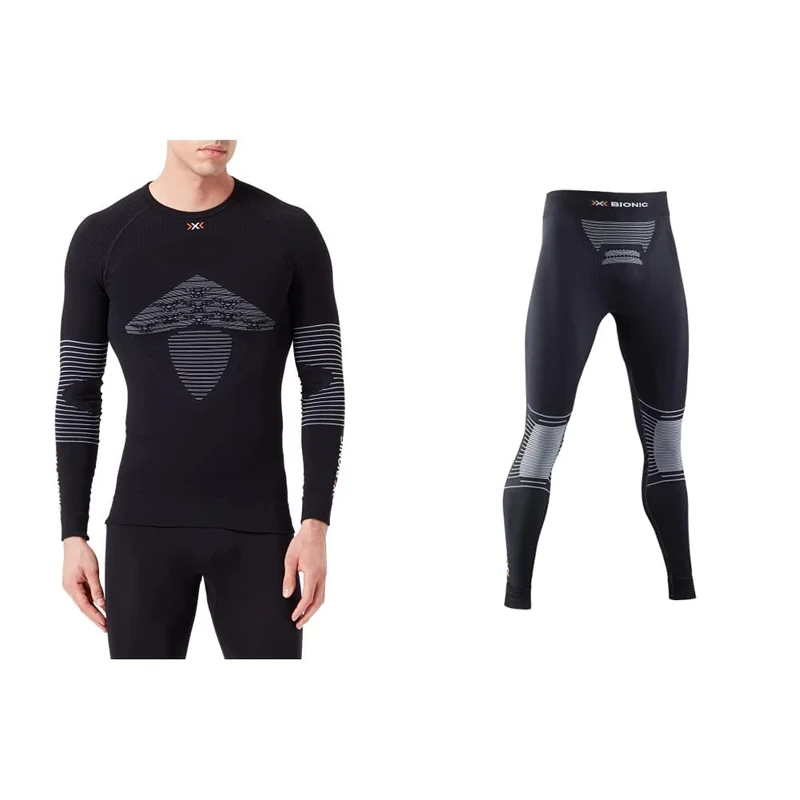X-Bionic Energizer 4.0 Maglia Compressione Maniche Lunghe Uomo & Strato Base Pantaloni Funzionali Uomo Opal Nero/Arctic Bianco, M
