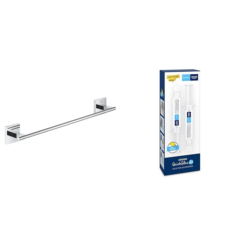 GROHE Start Cube Towel Rail with GROHE QuickGlue A2 – Bathroom Wall Mounted Towel Holder (Metal, Concealed Fastening, Including Screws and Dowels), Size 450 mm, Extra Easy to Fit, Chrome, 40987000