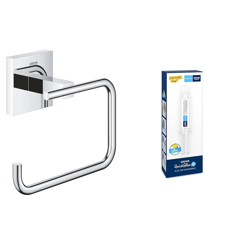 GROHE Start Cube Toilet Roll Holder without Cover with GROHE QuickGlue A1 (Metal, Wall Mounted, Concealed Fastening, with Screws and Dowels), Size 138 mm, Extra Easy to Fit, Chrome, 40978000