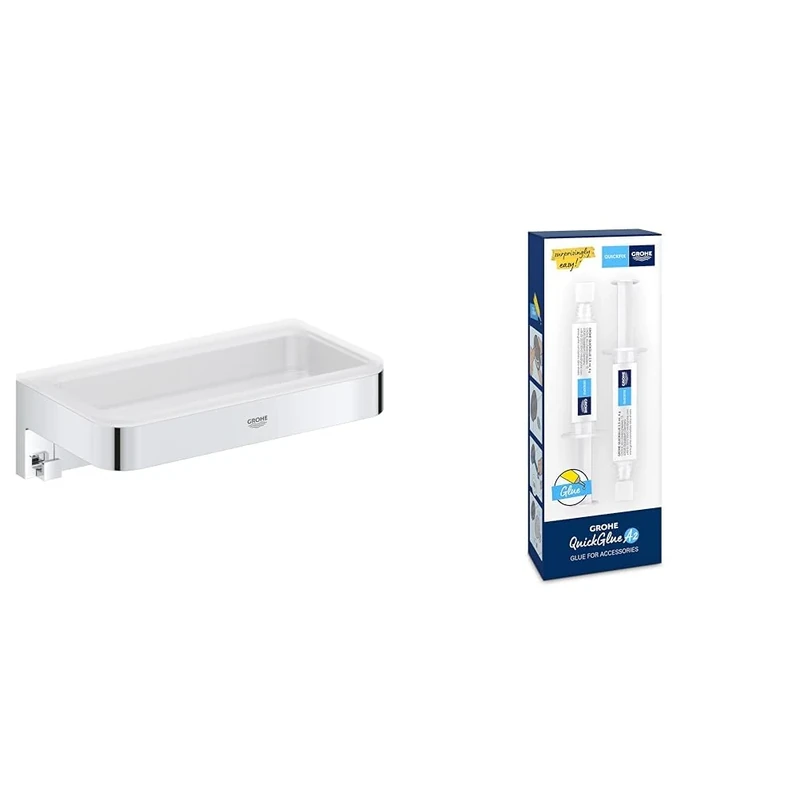 GROHE Start Cube Shower Basket with GROHE QuickGlue A2 – Bathroom Wall Mounted Shelf (Metal and Plastic, Including Screws and Dowels), Size 200 mm, Extra Easy to fit, Chrome, 41107000