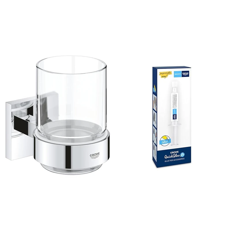 GROHE Start Cube Crystal Glass with Holder with GROHE QuickGlue A1 - Wall Mounted Toothbrush Holder (Material: Glass & Metal, Concealed Fastening, with Screws & Dowels), Easy to Fit, Chrome, 41097000 - Image 1