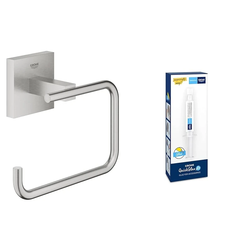 GROHE Start Cube Toilet Roll Holder without Cover with GROHE QuickGlue A1 (Metal, Wall Mounted, Concealed Fastening, with Screws and Dowels), Size 138 mm, Extra Easy to Fit, Stainless Steel, 40978DC0