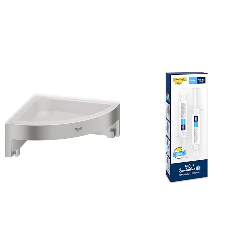 GROHE Start Cube Corner Shower Basket with GROHE QuickGlue A2 – Bathroom Wall Mounted Corner Shelf (Metal and Plastic, with Screws and Dowels), Size 160mm, Extra easy to fit, Stainless Steel, 41106DC0