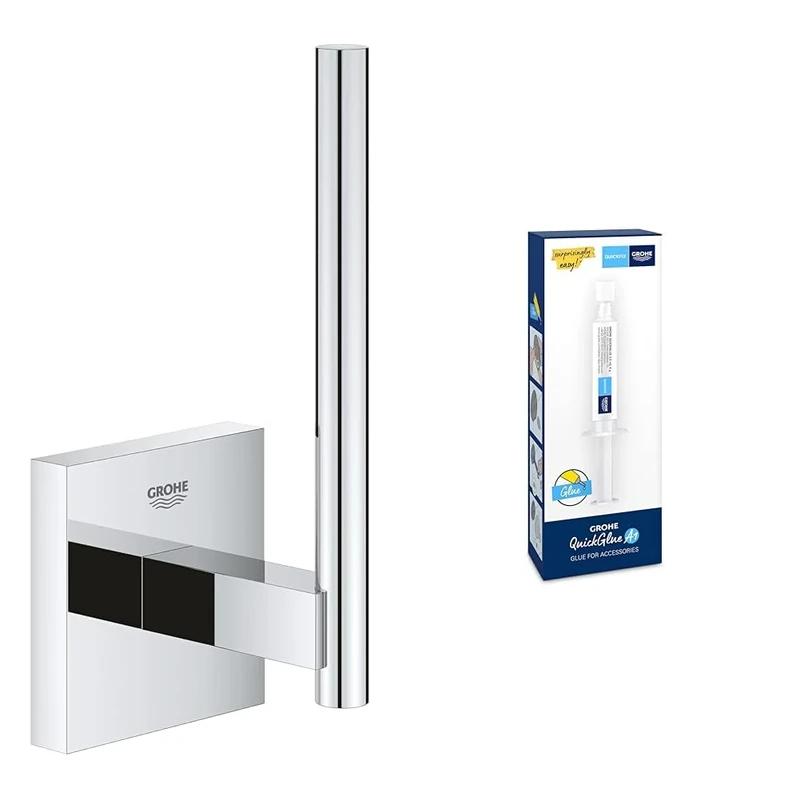 GROHE Start Cube Spare Toilet Roll Holder with GROHE QuickGlue A1 (Material: Metal, Wall Mounted, Concealed Fastening, with Screws and Dowels), Size 134 mm, Extra Easy to Fit, Chrome, 40979000