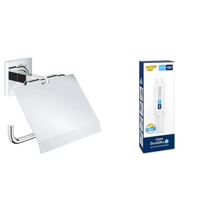 GROHE Start Cube Toilet Roll Holder with Cover and GROHE QuickGlue A1 (Metal, Wall Mounted, Concealed Fastening, Including Screws and Dowels), Size 111 mm, Extra Easy to Fit, Chrome, 41102000