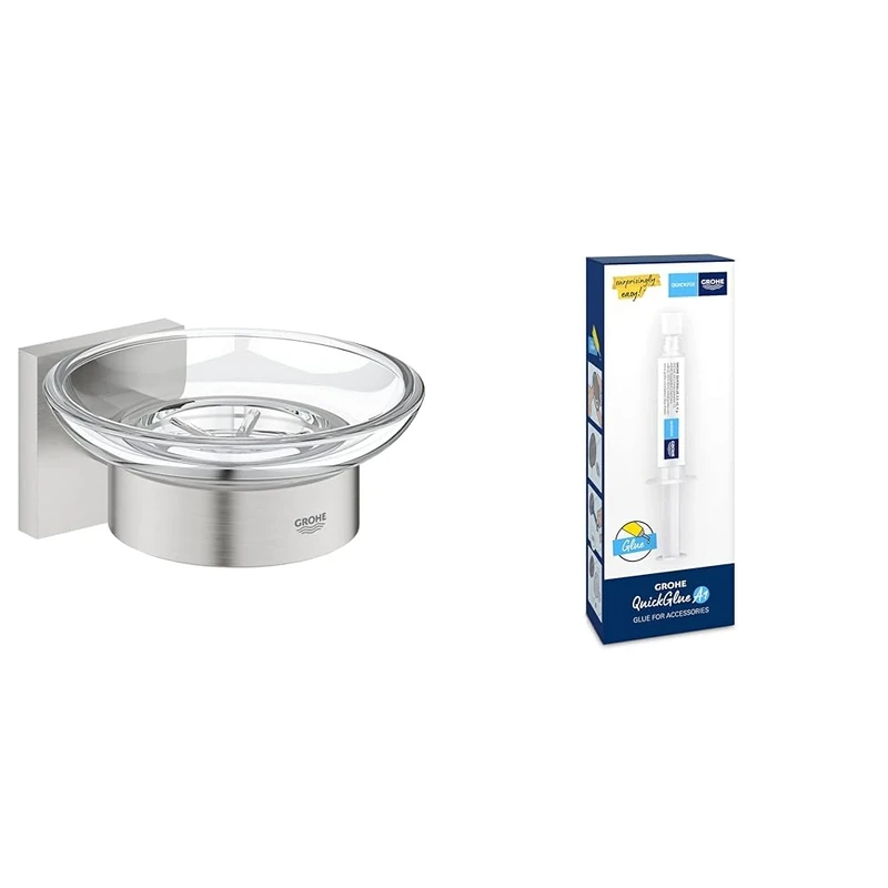 GROHE Start Cube Soap Dish with Holder with GROHE QuickGlue A1 (Material: Glass & Metal, Wall Mounted, Concealed Fastening, with Screws and Dowels), Size 125 mm, Easy to Fit, Stainless Steel, 41096DC0