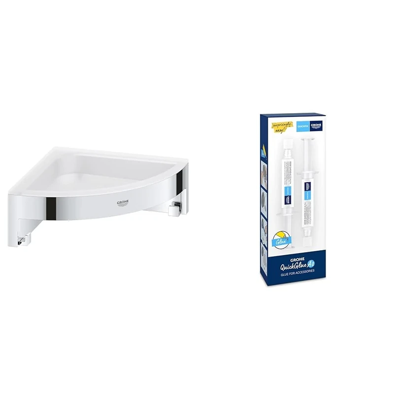 GROHE Start Cube Corner Shower Basket with GROHE QuickGlue A2 – Bathroom Wall Mounted Corner Shelf (Metal and Plastic, Including Screws and Dowels), Size 160 mm, Extra Easy to fit, Chrome, 41106000