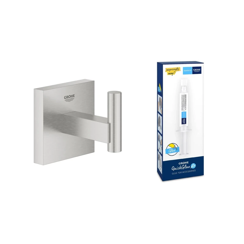GROHE Start Cube Robe Hook with GROHE QuickGlue A1 - Bathroom Wall Mounted Shower Towel Hanger (Metal, Concealed Fastening, with Screws and Dowels), Extra Easy to Fit, Stainless Steel, 40961DC0