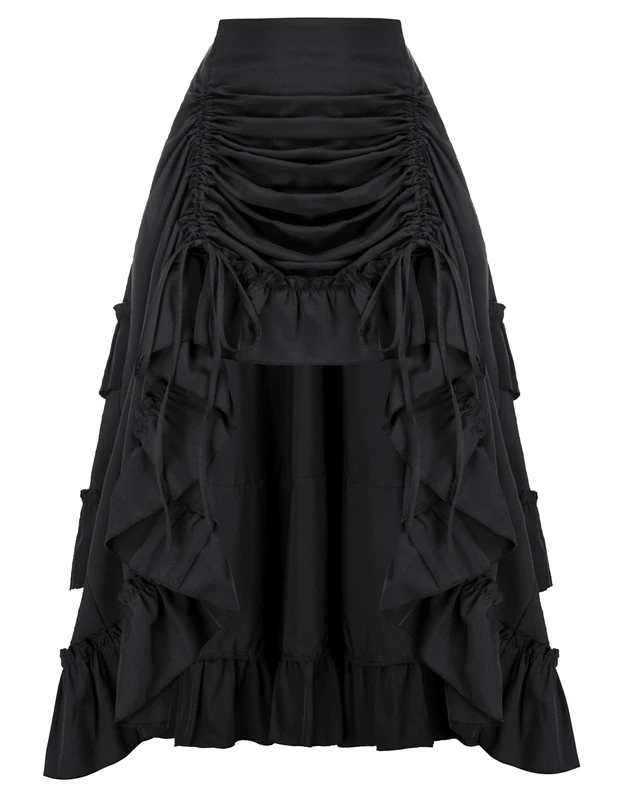 SCARLET DARKNESS Women's 2024 Summer Skirt Gothic Steampunk Skirt Victorian High-Low Bustle Skirt, New Ruffle-Black, L