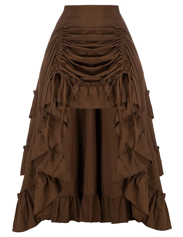 Scarlet Darkness Women's 2024 Summer Skirt Gothic Steampunk Skirt Victorian High-Low Bustle Skirt, New Ruffle-Brown, XL