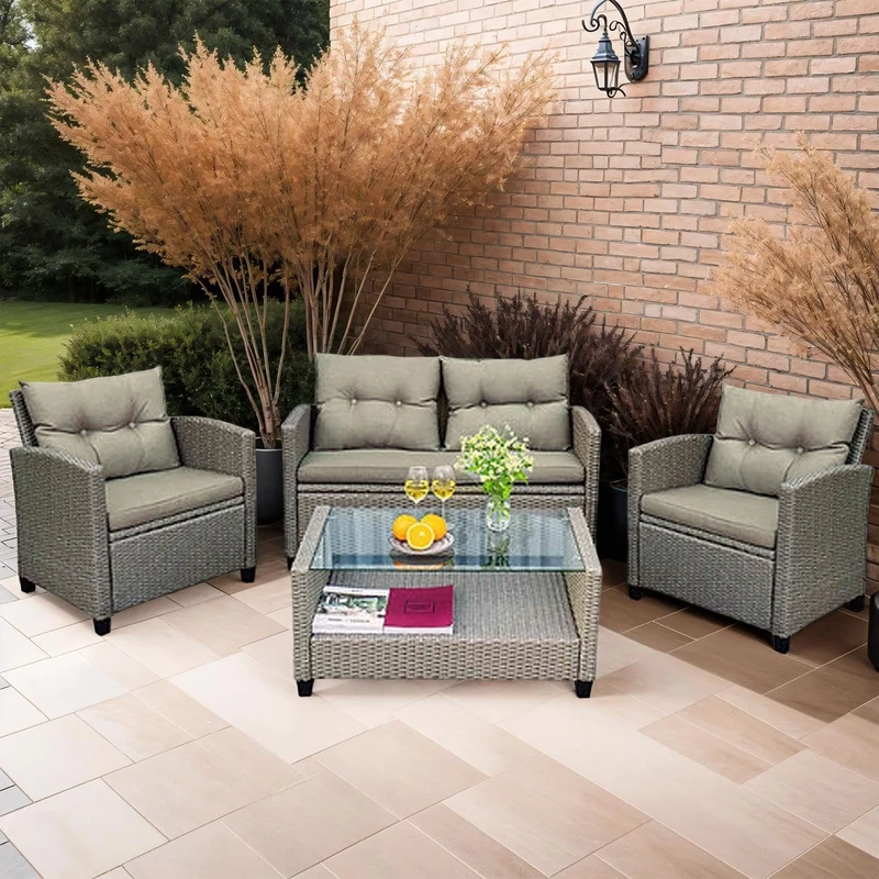 FWStyle Natural Outdoor Rattan Garden Furniture Sofa Armchair Set with Cushions. Sofa 2 Chairs and Coffee Table