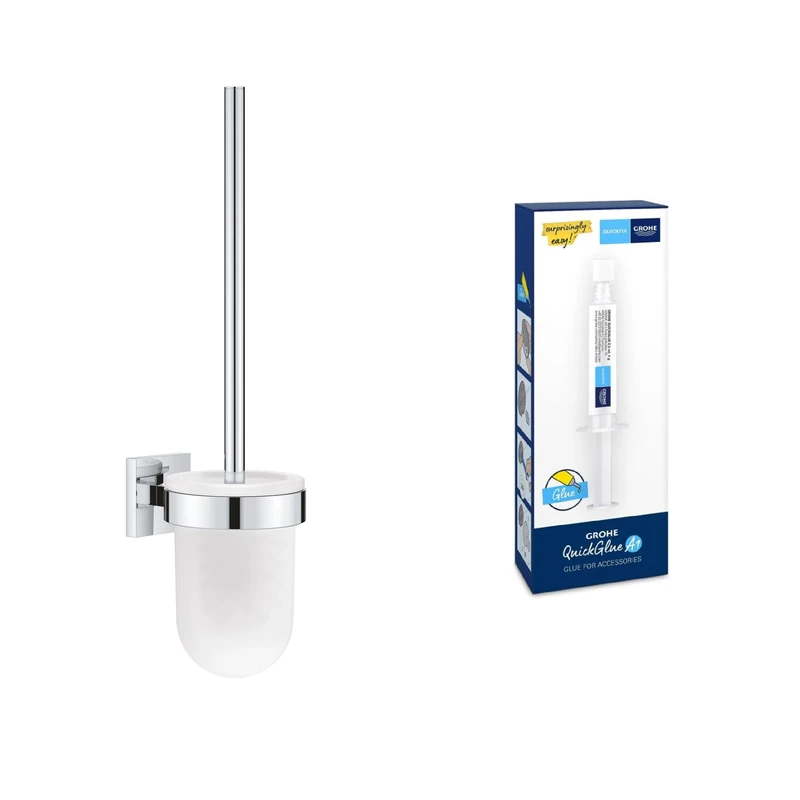 GROHE Start Cube Toilet Brush Set with GROHE QuickGlue A1 (Material: Glass & Metal, Wall Mounted, Durable Sparkling Sheen, Including Screws and Dowels), Size 399mm, Extra Easy to Fit, Chrome, 40977000