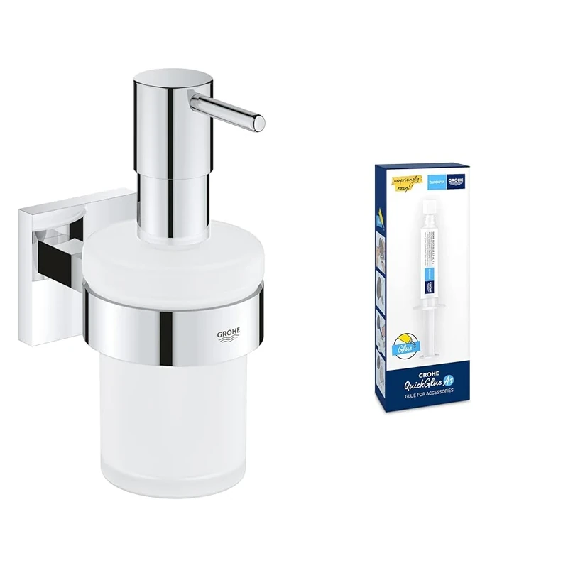 GROHE Start Cube Soap Dispenser with Holder and GROHE QuickGlue A1 (Material: Frosted Glass & Metal, Filling Quantity 160ml, Including Screws & Dowels), Size 158mm, Extra Easy to Fit, Chrome, 41098000