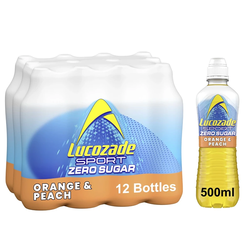 Lucozade Sport Zero Sugar - Orange & Peach 12x500ml | Sugar Free Sports Drink, with Vitamin B3 and electrolyte | Zero Sugar | Only 4 calories per serving | Still | Made with Natural Flavours