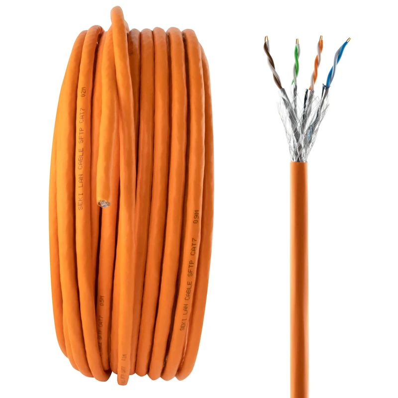 SeKi 50 m Cat. 7 Ethernet Installation Cable, Orange, Shielded, LSZH Halogen-Free, 10 Gbit, 1000 MHz, AWG23/1, Router Compatible