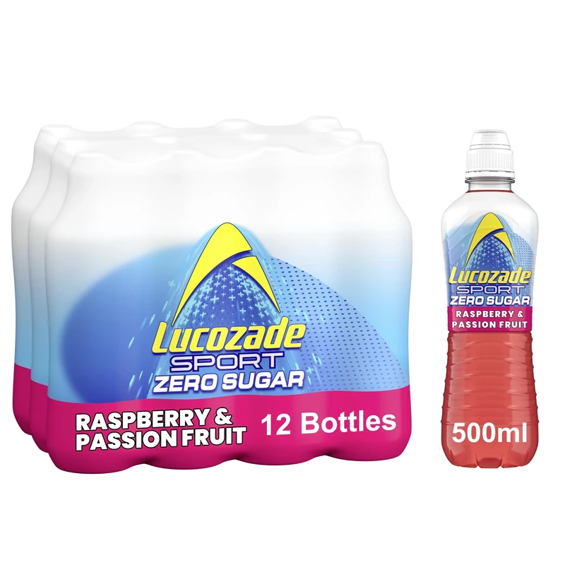 Lucozade Sport Zero Sugar - Raspberry & Passionfruit 12x500ml | Sugar Free Sports Drink, with Vitamin B3 and electrolyte | Zero Sugar | Only 4 calories per serving | Still | Made with Natural Flavours