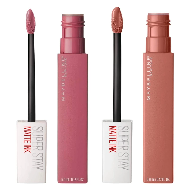 Maybelline New York SuperStay Matte Ink Lip Tint Color 15 Lover + Lip Tint Color 65 Seductress - 2 Lipsticks with Tip Applicator