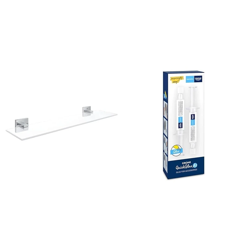 GROHE Start Cube Glass Shelf with Chrome Holders QuickGlue A2 (Glass and Metal, Wall Mounted, Concealed Fastening, Including Screws and Dowels), Size 530 mm, Extra Easy to Fit, 41109000
