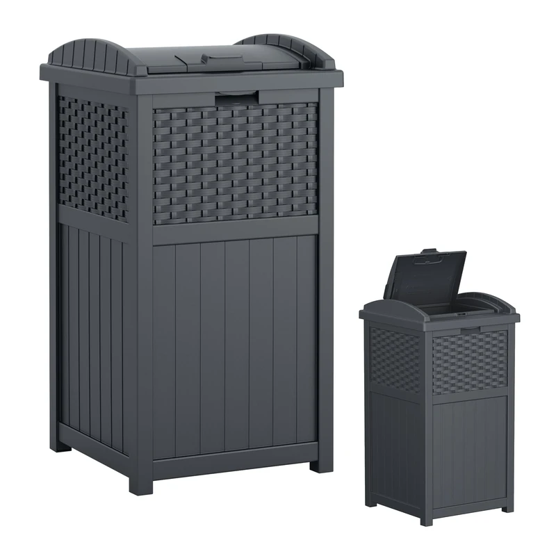 Suncast 33 Gallon Resin Outdoor Hideaway Patio Trash Can, Cyberspace Grey
