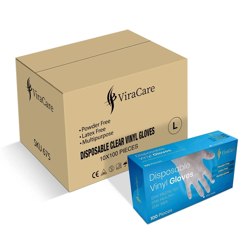ViraCare 1000 x Disposable Gloves Large Vinyl Gloves Disposable Medium Latex free gloves Powder Free Gloves Strong And Non-Sterile (Large) (10 Packs of 100), White