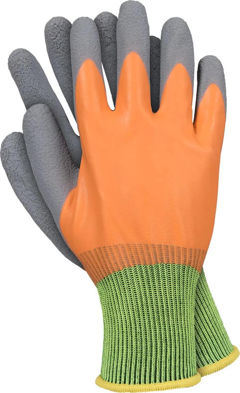 Ogrifox OX-ORANGE Polyester Gloves Coated with Smooth Fluorescent Orange Latex, Protective Gloves, Work Gloves, Gardening Gloves OX.11.584, Orange-Yellow-Grey, Size 7, 72 pairs