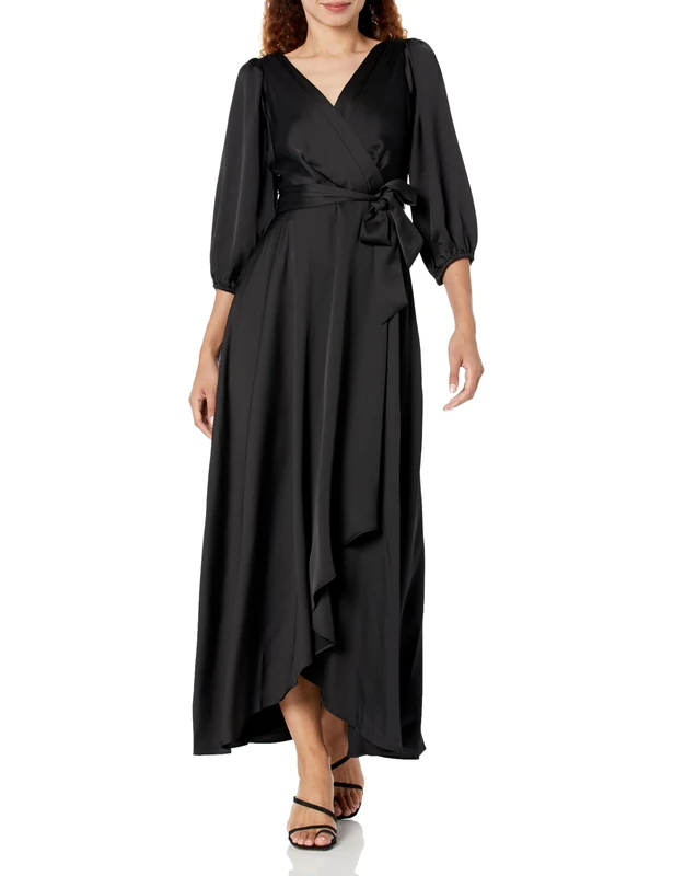 DKNY Women's 3/4th Sleeve Faux Wrap Dress, Black, 14